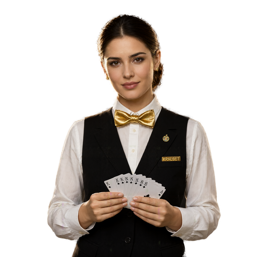 Yakasında KRALBET rozeti, kart dağıtan krupiye (şeffaf arka plan)