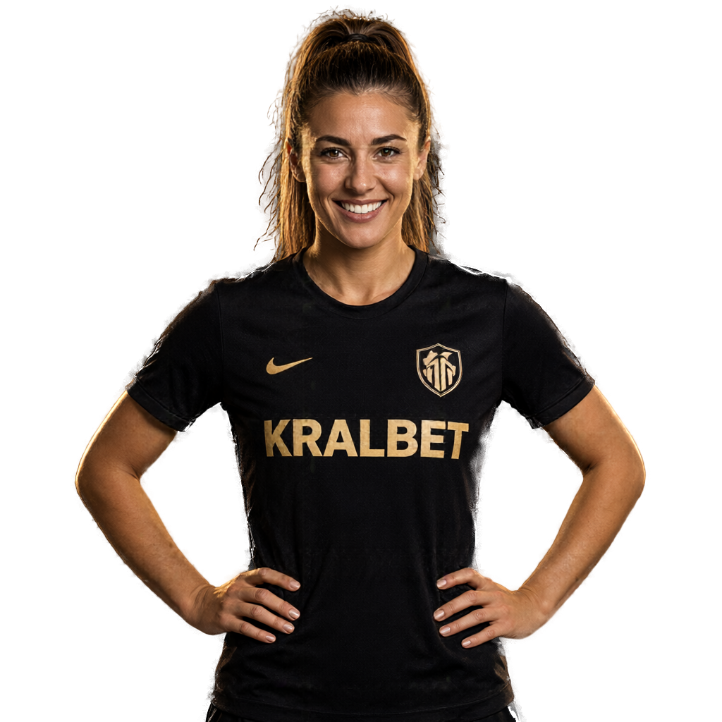 Formasında KRALBET baskısı, enerjik kadın futbolcu (şeffaf arka plan)