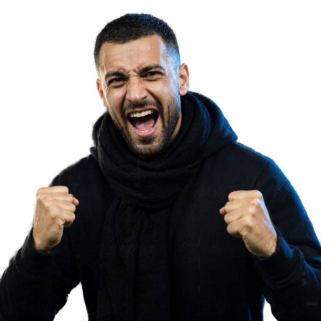 Siyah atkı + hoodie, yumruk havada, stadyum tezahüratı (şeffaf arka plan)