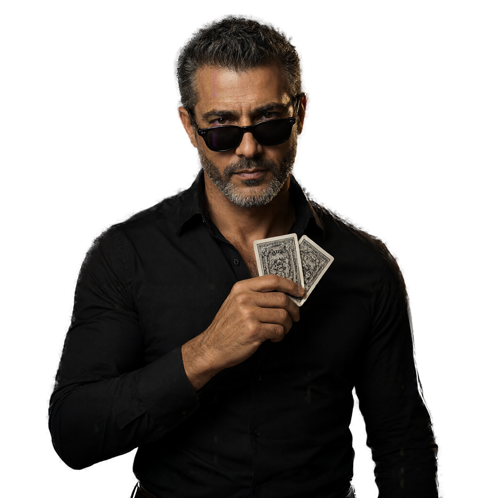 Gözlüklü, elinde iki poker kartı, gizemli ifade (şeffaf arka plan)